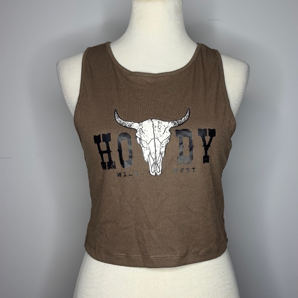 SHEIN- Brown Ribbed "Howdy" Graphic Cropped Tank Top